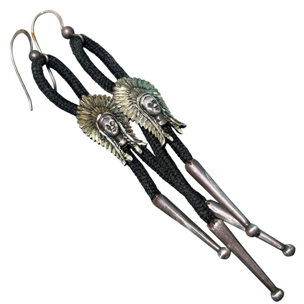 Vintage Sterling Silver Southwestern Bolo Tie Chief Head Dangle Hook Earrings
